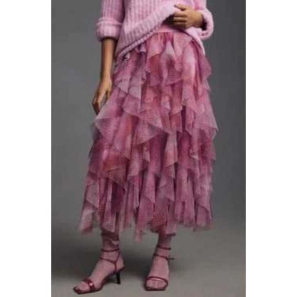 Anthropologie Cheri Ruffle Tulle Tiered Midi Skirt Size Large Pink Romantic